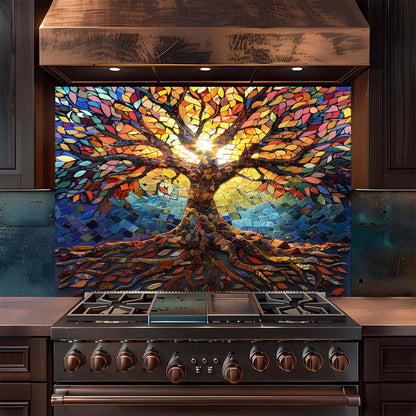 Stainless steel stove with a colorful mosaic backsplash in a kitchen setting