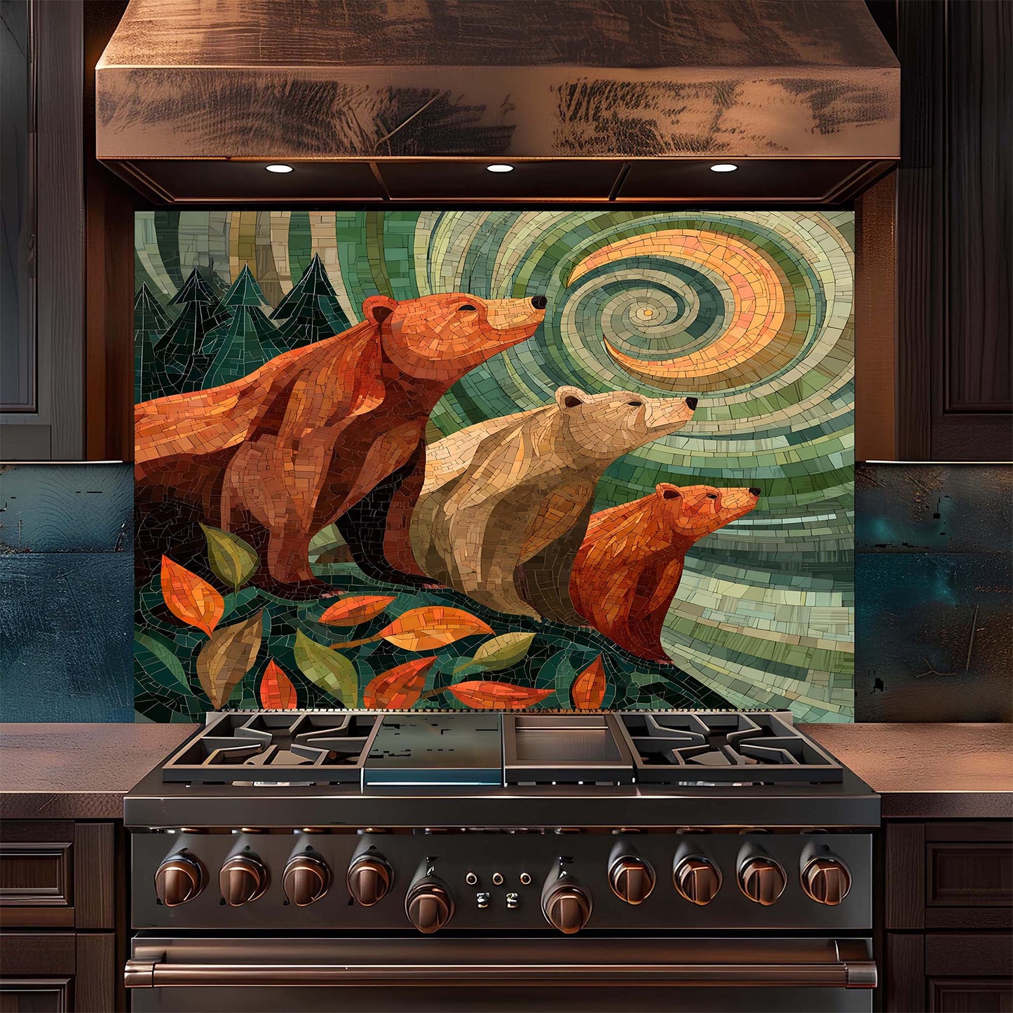 A symbolic bear family gazing at a spiral sky, printed on a tempered glass backsplash that adds warmth, meaning, and woodland calm to kitchens.