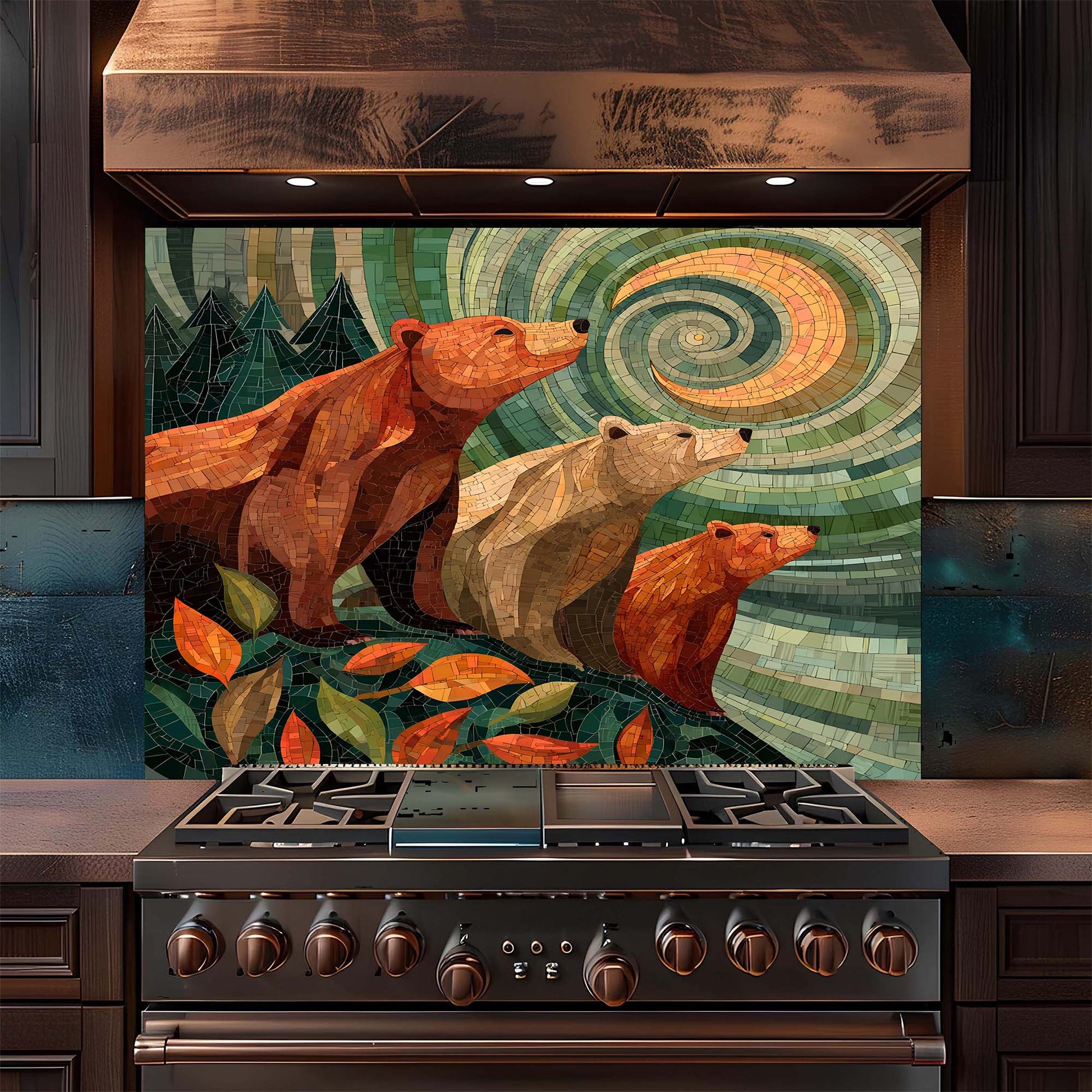 A symbolic bear family gazing at a spiral sky, printed on a tempered glass backsplash that adds warmth, meaning, and woodland calm to kitchens.