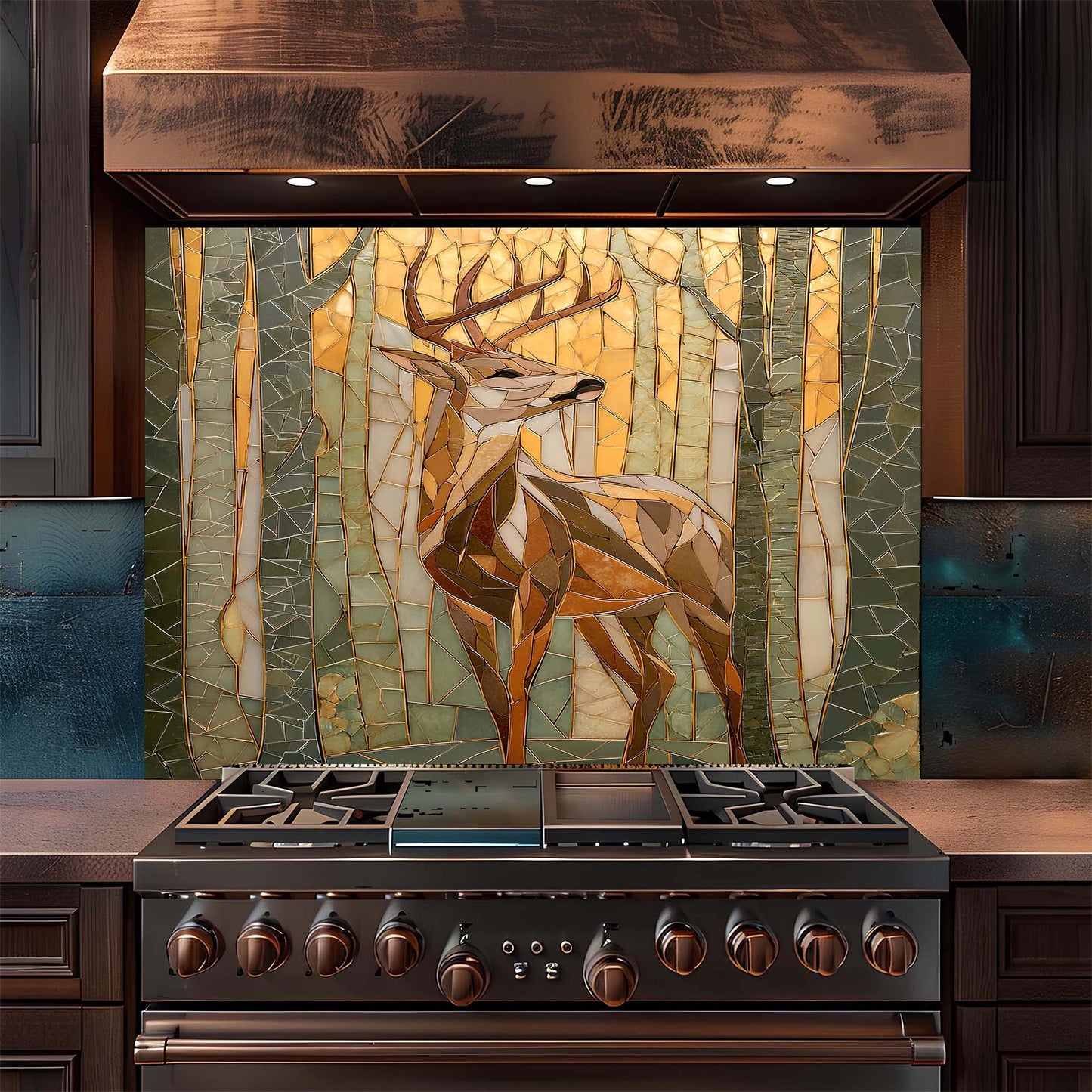 Stainless steel stove with deer artwork on a glass backsplash in a kitchen setting