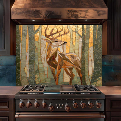Stainless steel stove with deer artwork on a glass backsplash in a kitchen setting