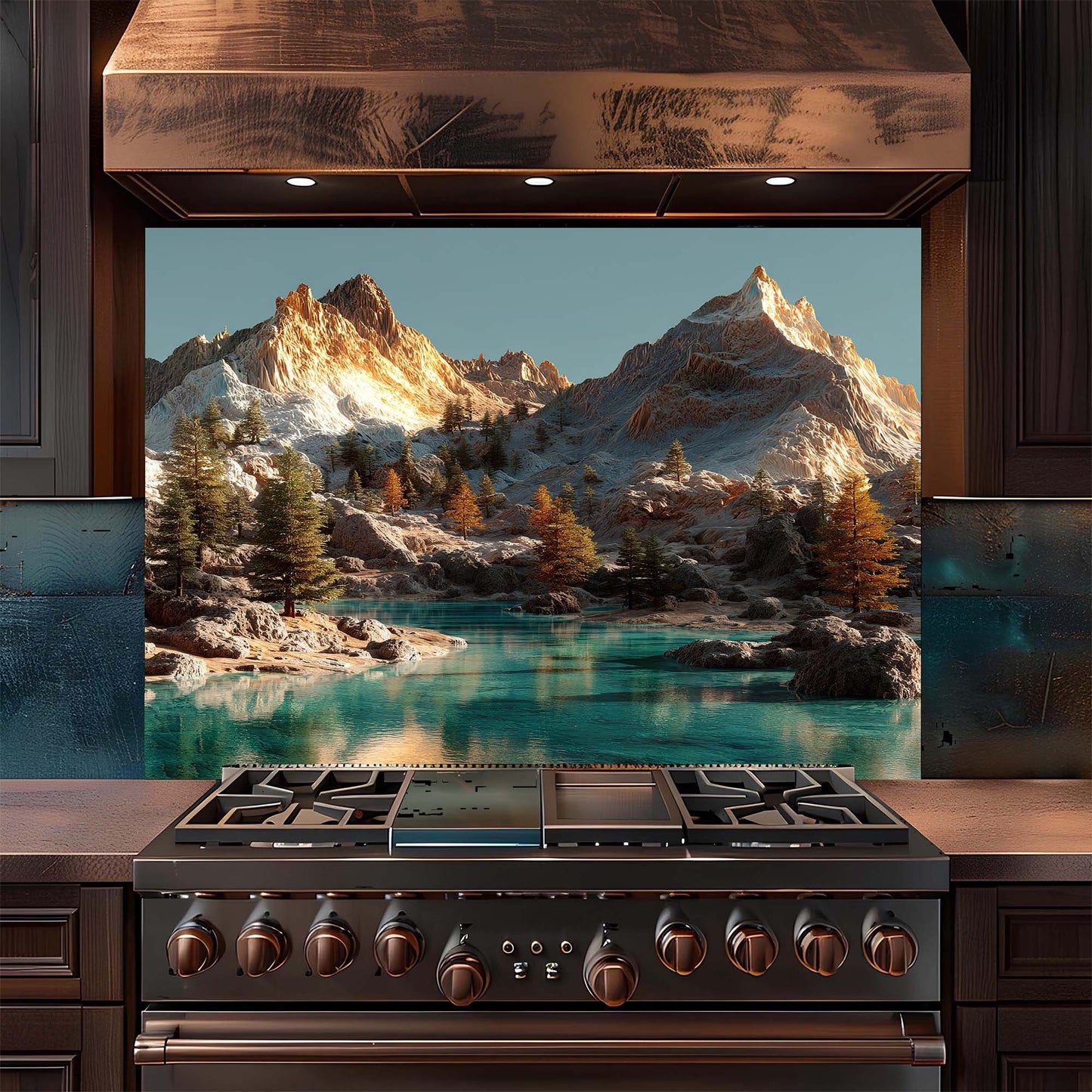 Stainless steel stove with mountain and lake design backsplash in a kitchen setting