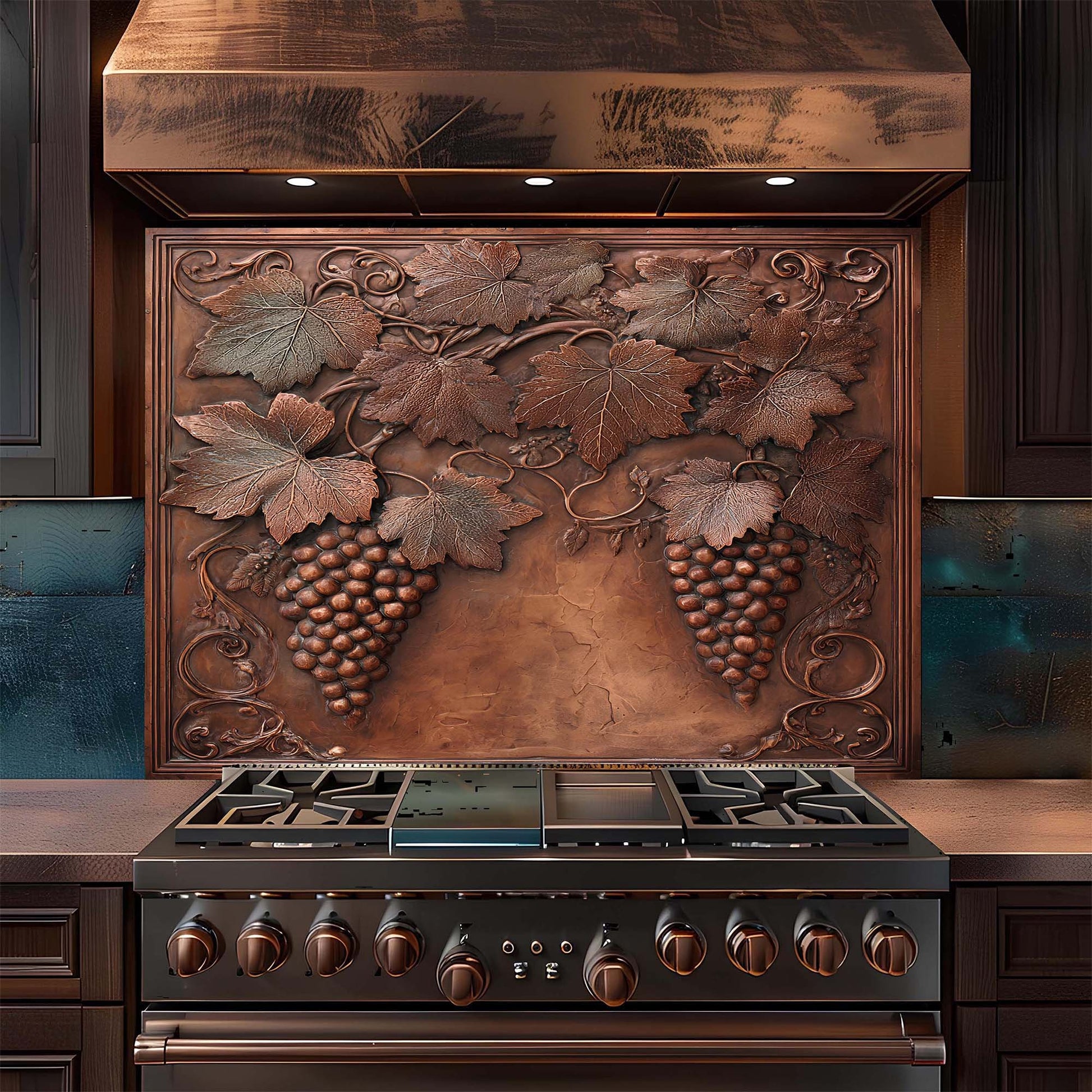 Stainless steel stove with decorative copper look glass backsplash featuring grapes and leaves in a kitchen setting.