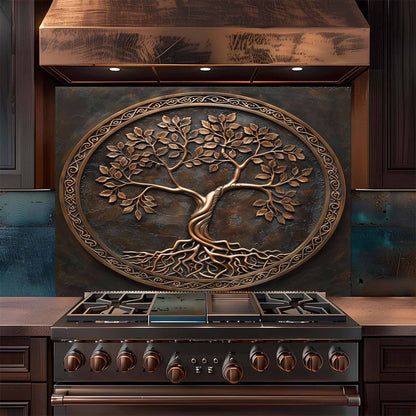 Stainless steel stove with decorative tree backsplash above it in a kitchen setting.