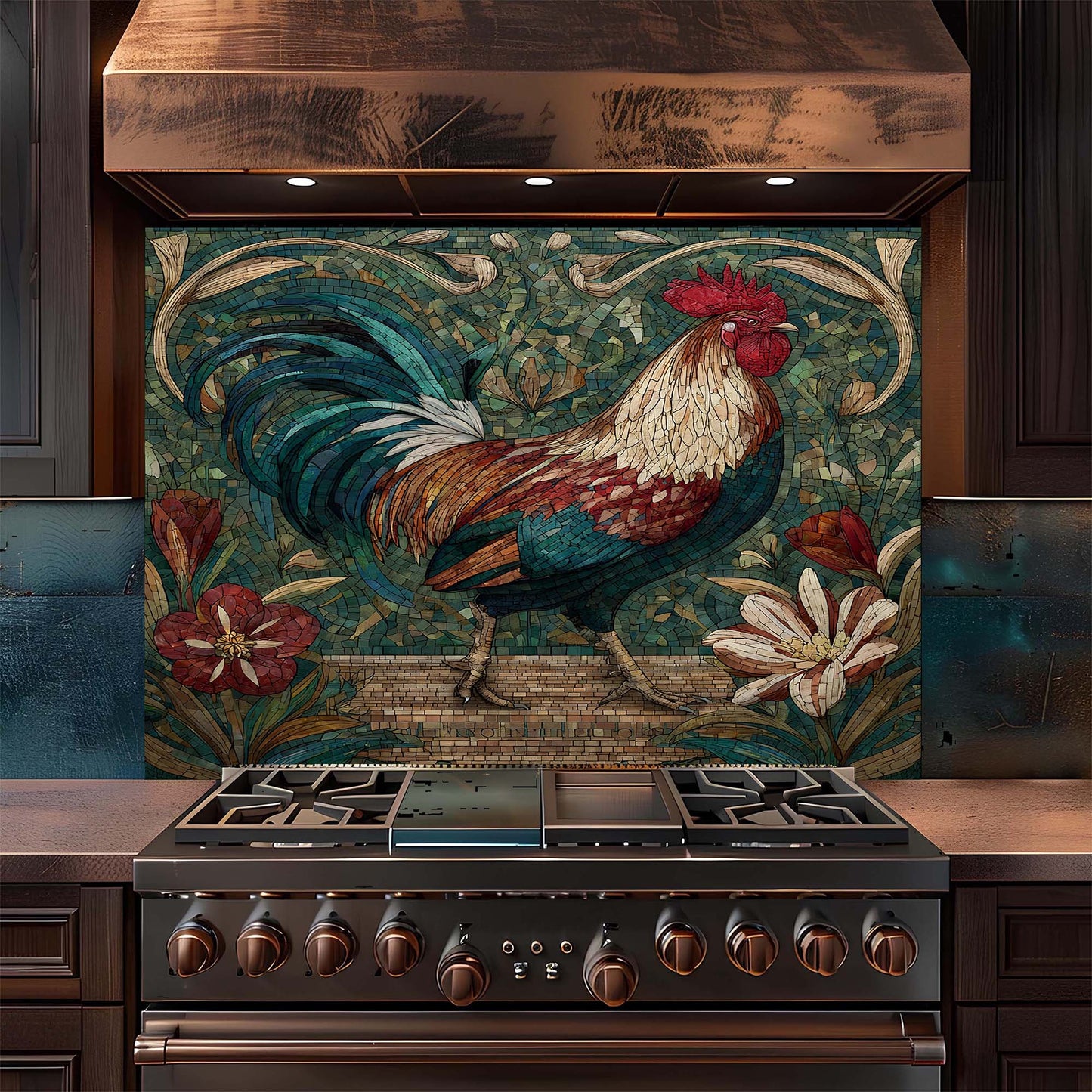 Stainless steel stove with decorative rooster glass backsplash in a kitchen setting