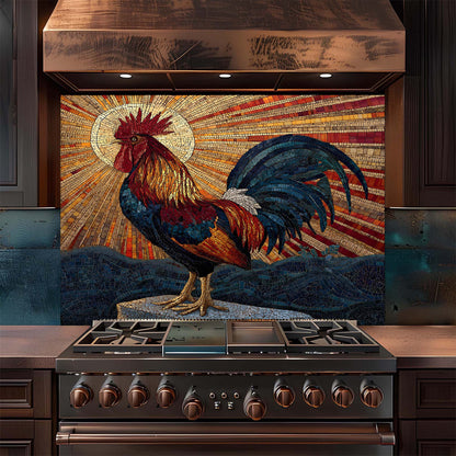 Radiant dawn rooster mosaic glass backsplash with golden sunburst and deep blues. A bold tempered glass kitchen backsplash design.
