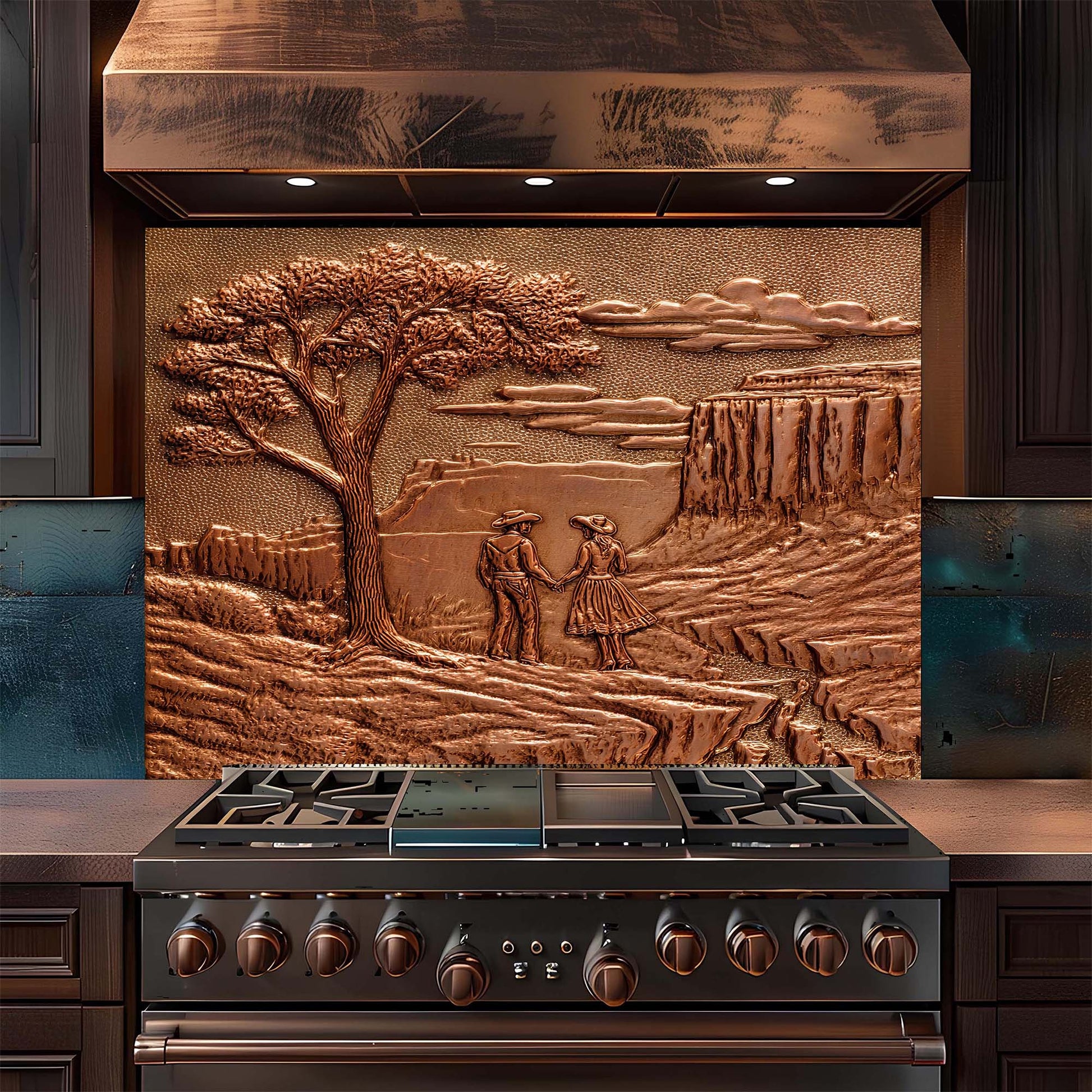 Stainless steel stove with decorative glass backsplash featuring a landscape scene.
