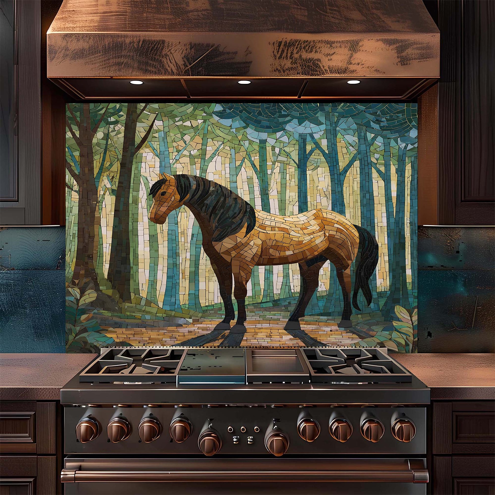Stainless steel stove with a decorative horse splashback on the wall behind it.