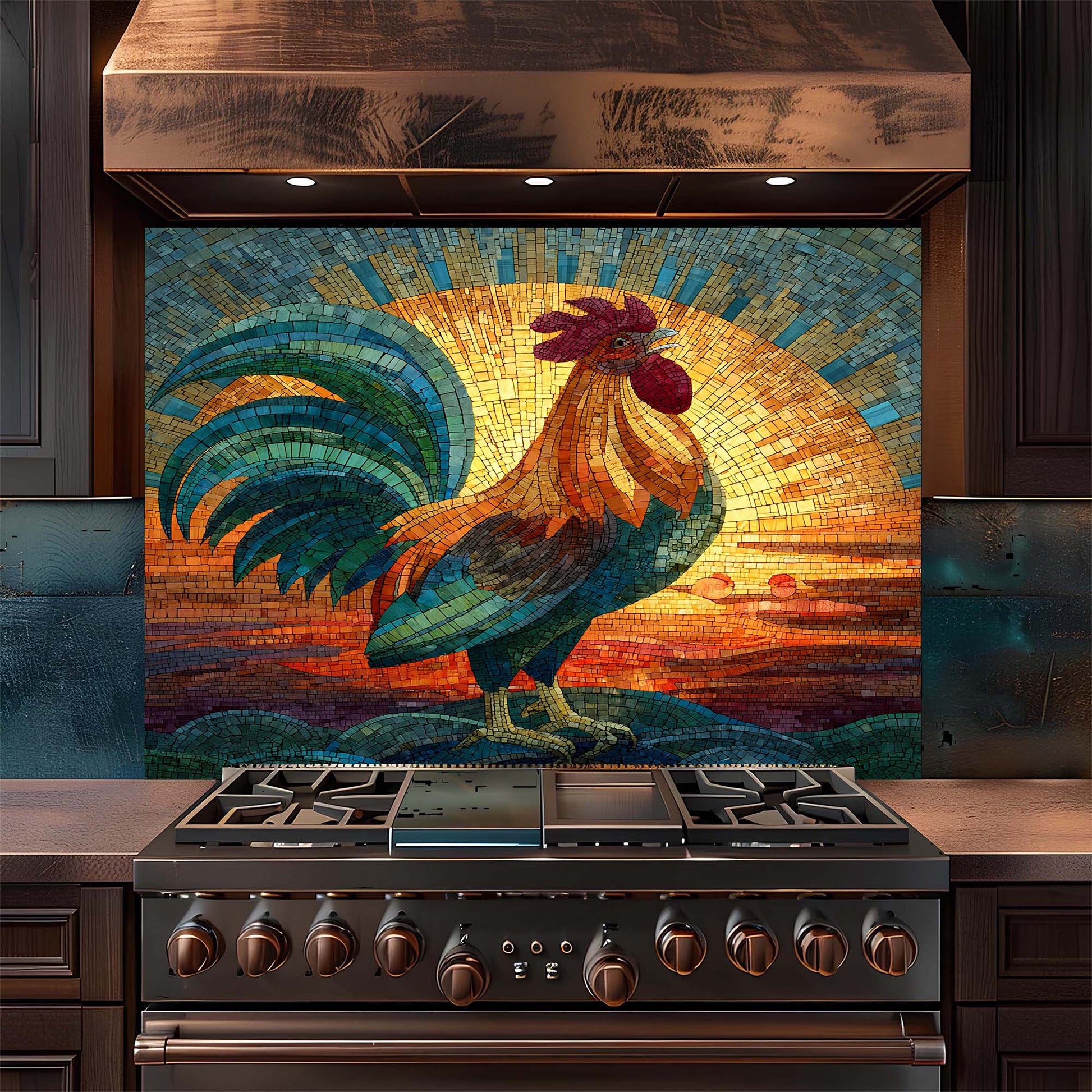 Stainless steel stove with a colorful mosaic rooster backsplash in a kitchen setting