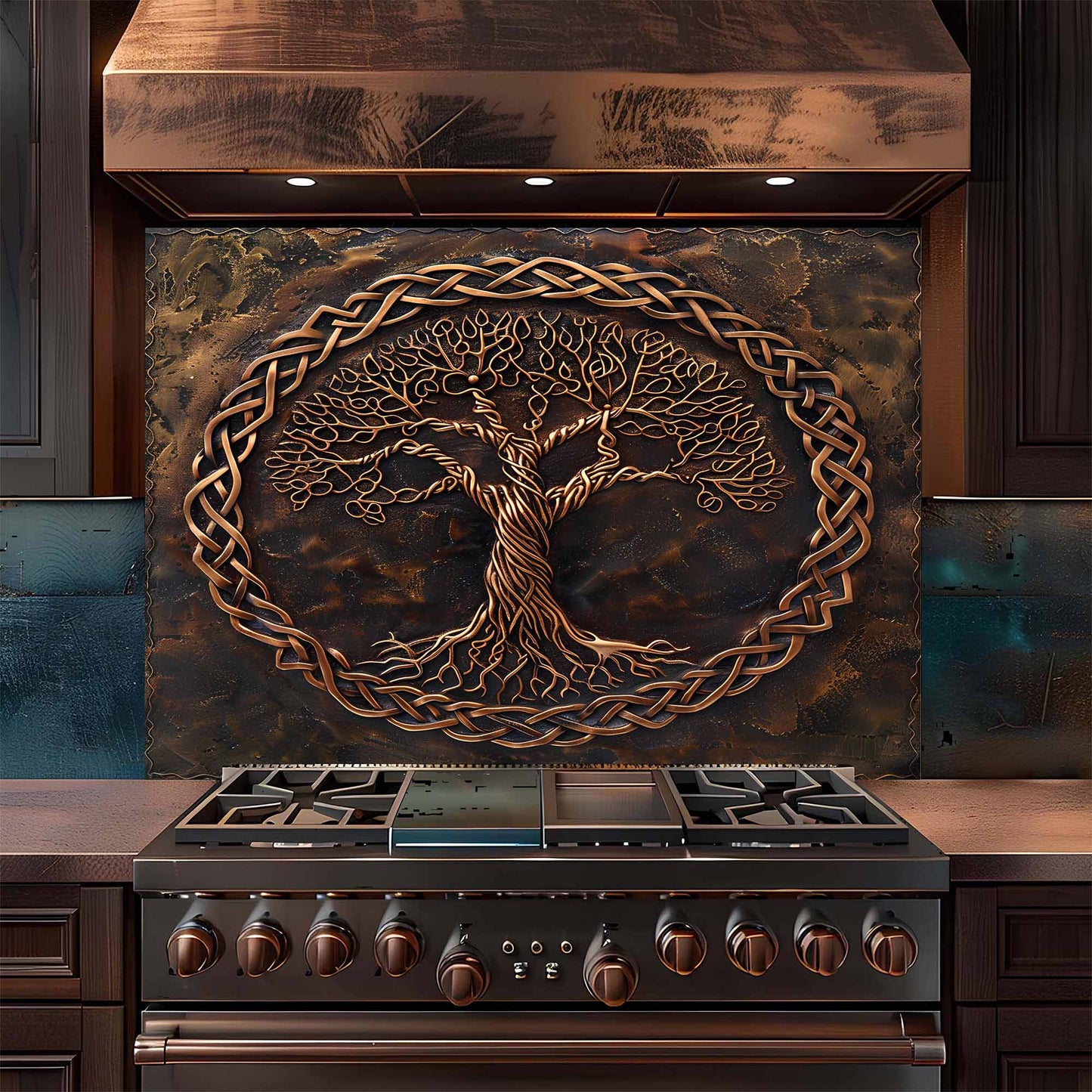 Stainless steel stove with decorative copper tree of life backsplash in a kitchen setting