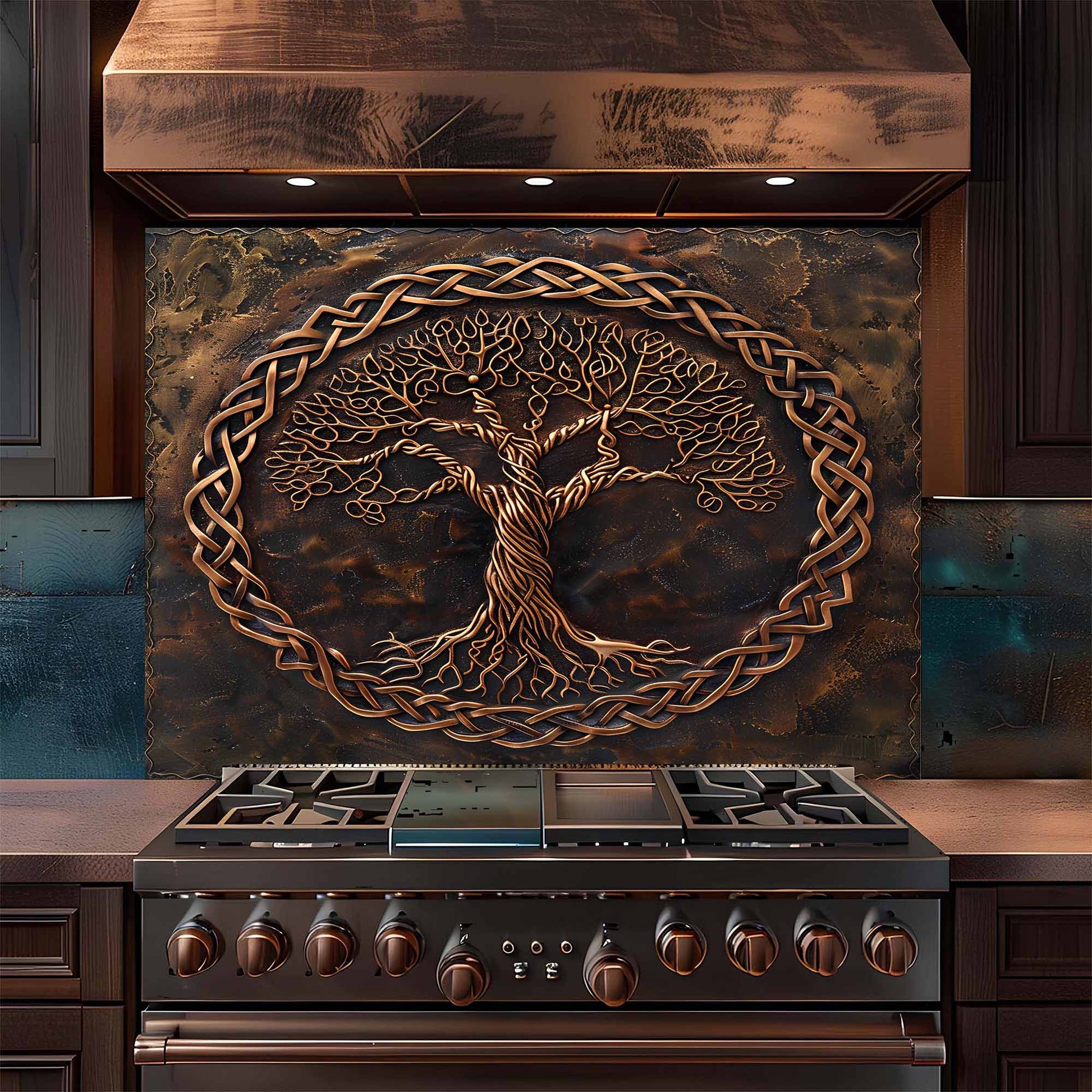 Stainless steel stove with decorative copper tree of life backsplash in a kitchen setting
