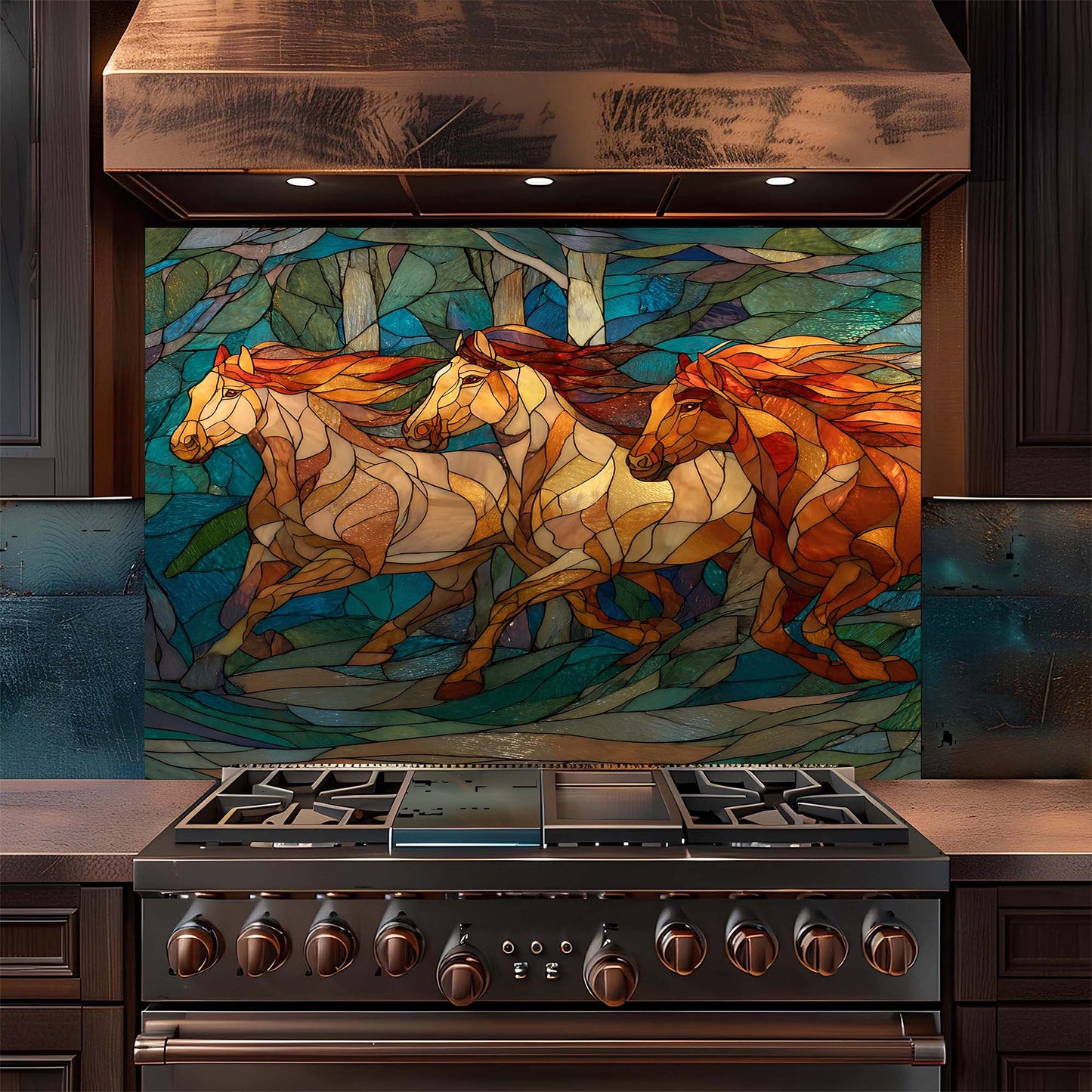 Three running horses in a stained glass forest design on tempered glass backsplash, creating a bold, elegant kitchen focal point.
