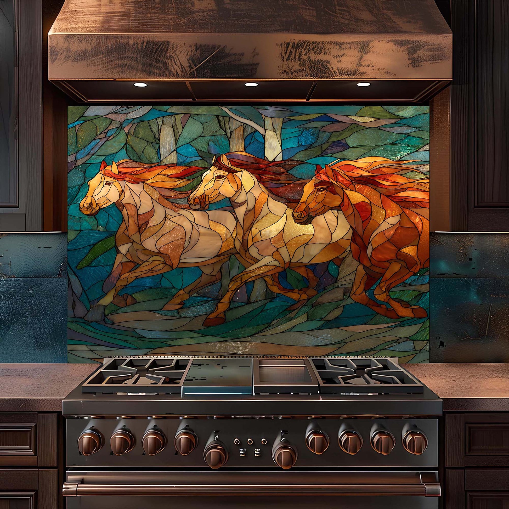 Three running horses in a stained glass forest design on tempered glass backsplash, creating a bold, elegant kitchen focal point.