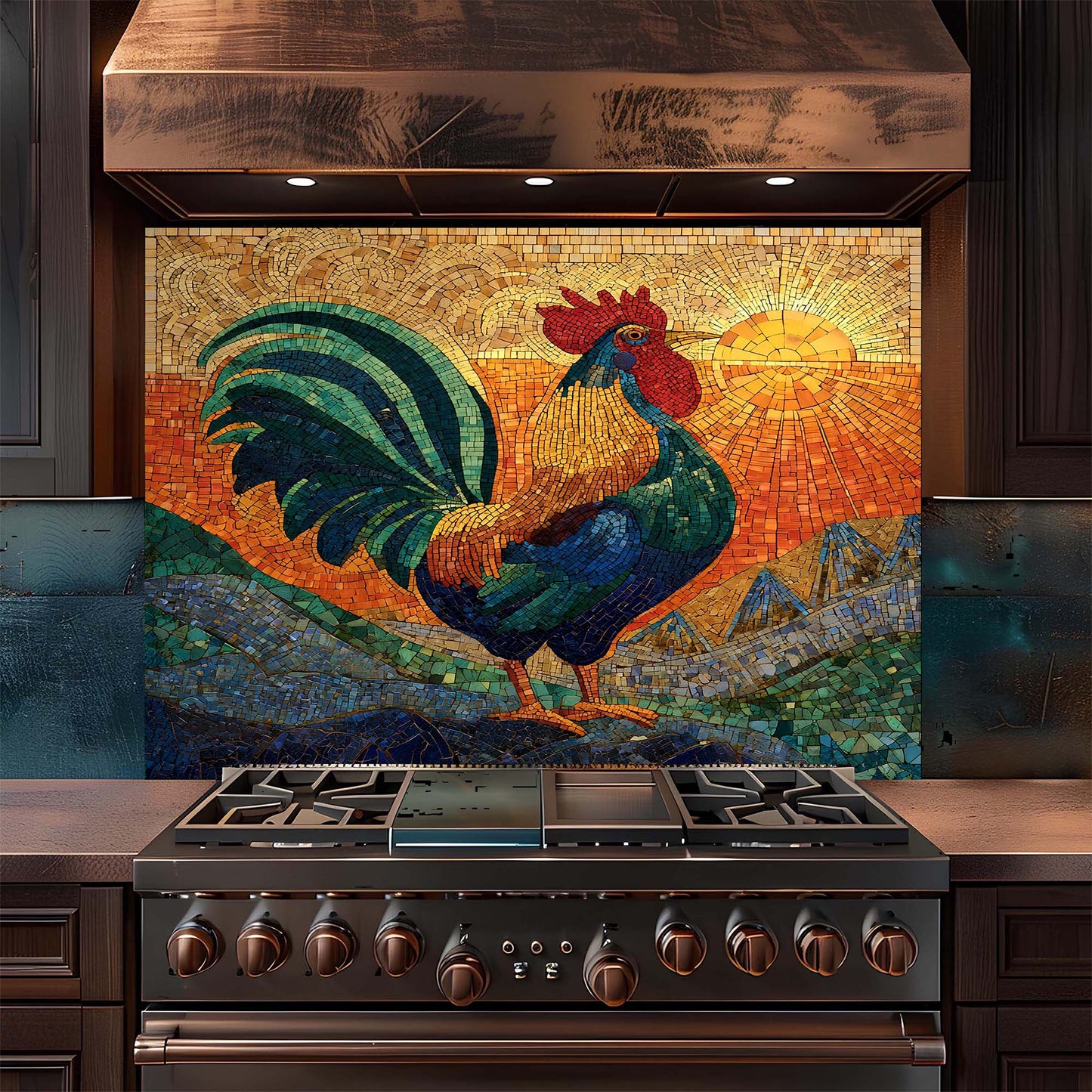 Golden sunrise rooster mosaic on tempered glass kitchen backsplash with blue and green waves