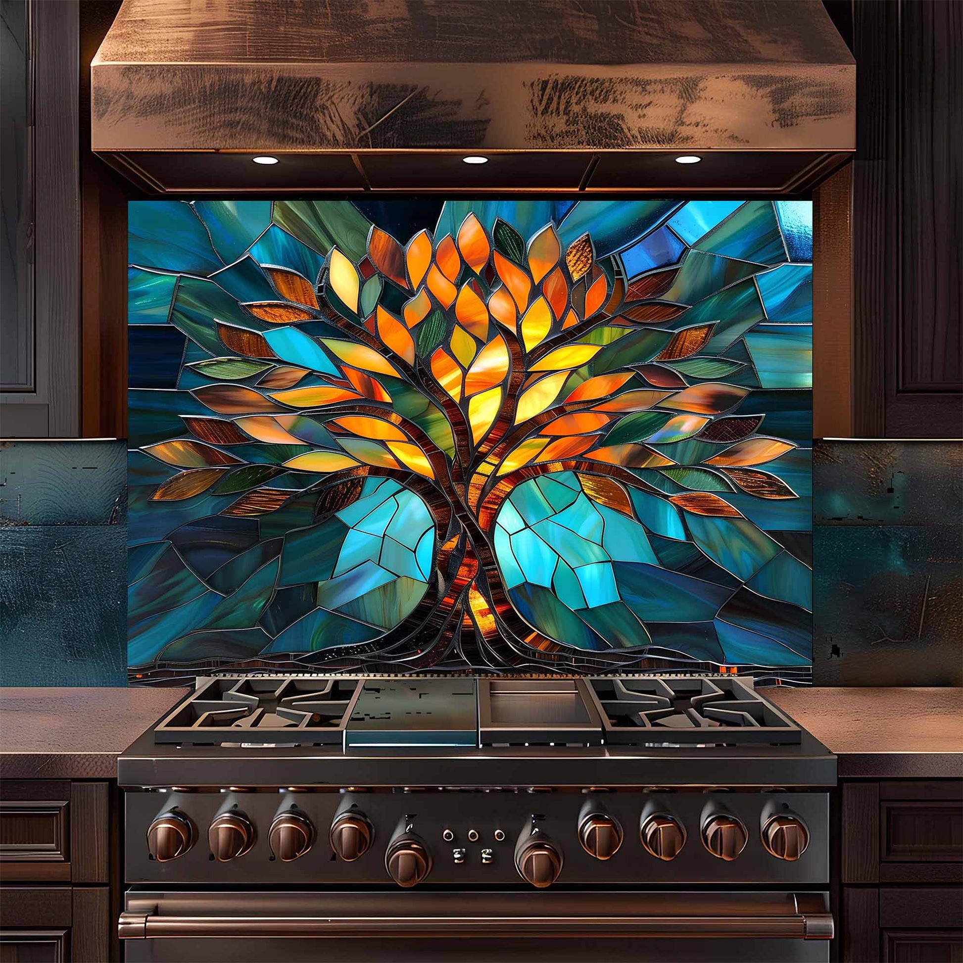 Stainless steel stove with a colorful stained glass-style backsplash