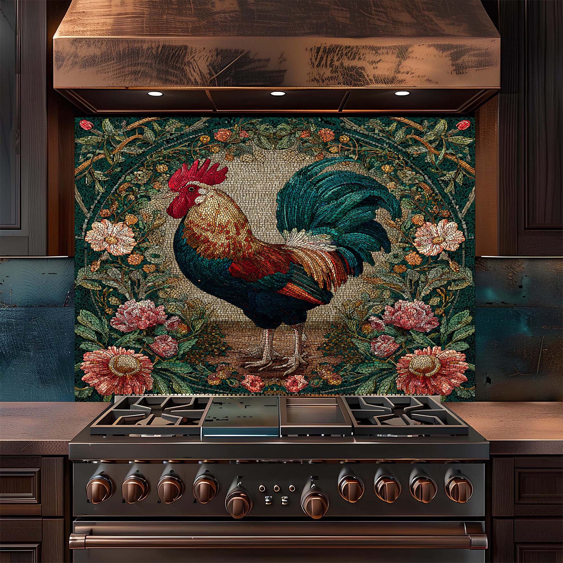 Stainless steel stove with decorative rooster backsplash in a kitchen setting