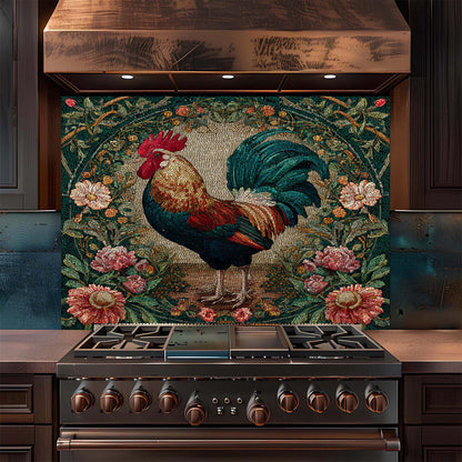 Stainless steel stove with decorative rooster backsplash in a kitchen setting