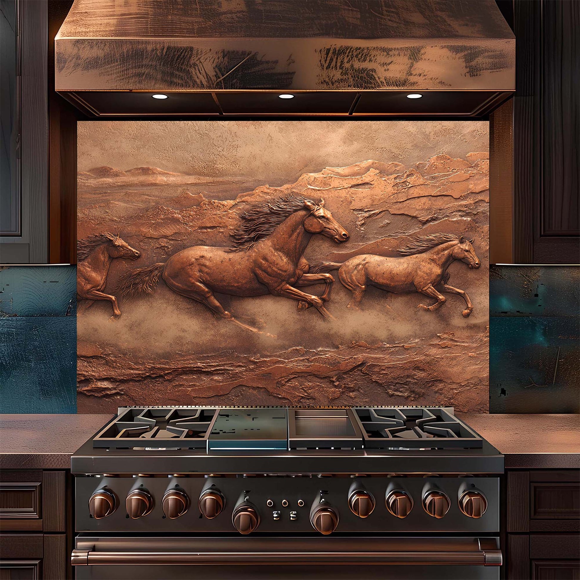 Stainless steel stove with decorative backsplash featuring running horses in a desert landscape.