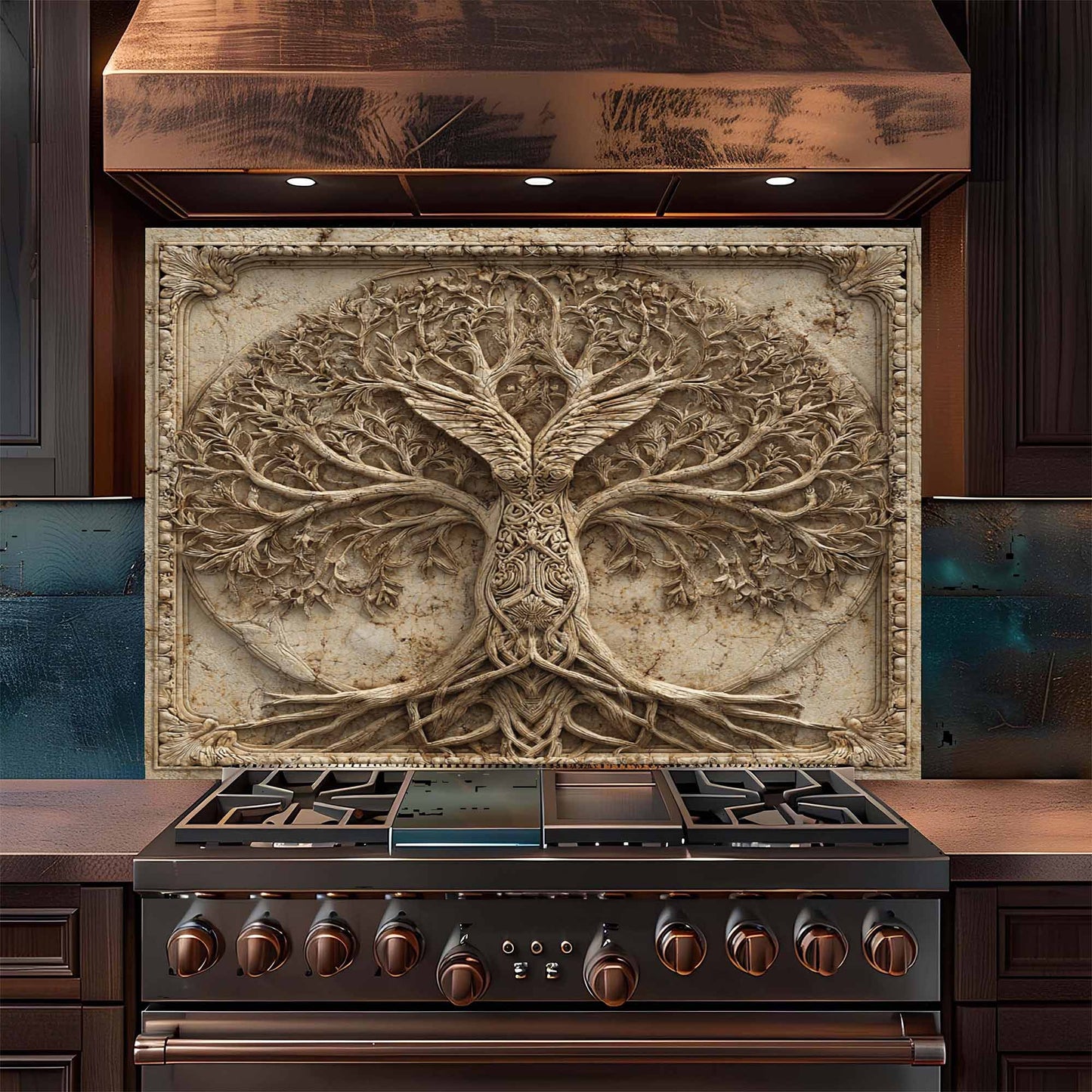 Stainless steel stove with decorative tree backsplash in a kitchen setting
