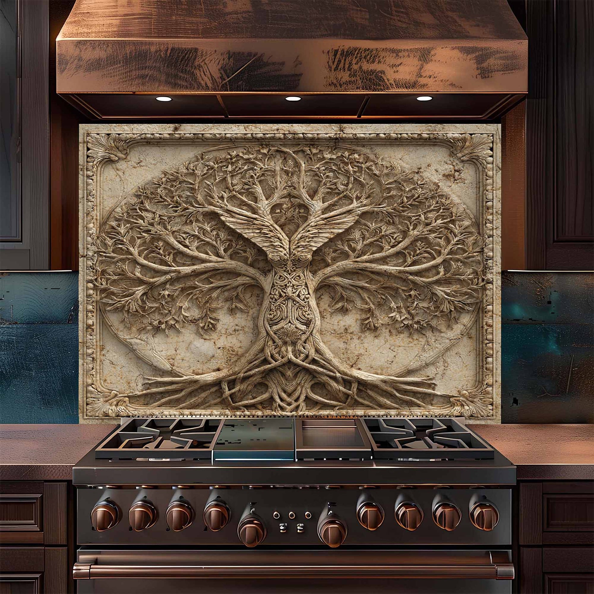 Stainless steel stove with decorative tree backsplash in a kitchen setting