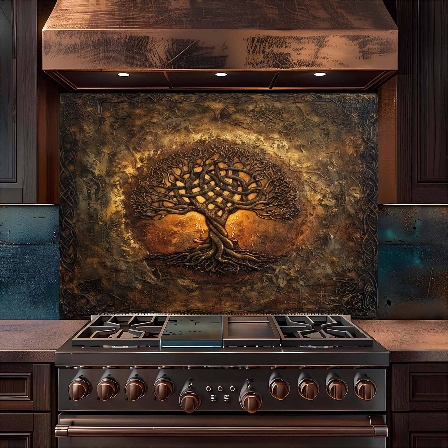 Stainless steel stove with decorative backsplash in a kitchen setting