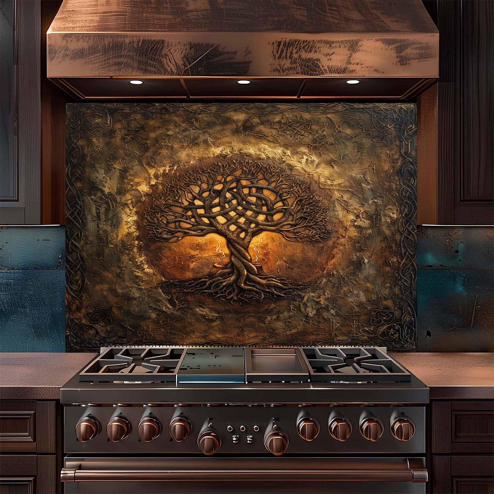 Stainless steel stove with decorative backsplash in a kitchen setting