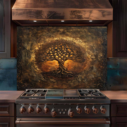 Stainless steel stove with decorative backsplash in a kitchen setting