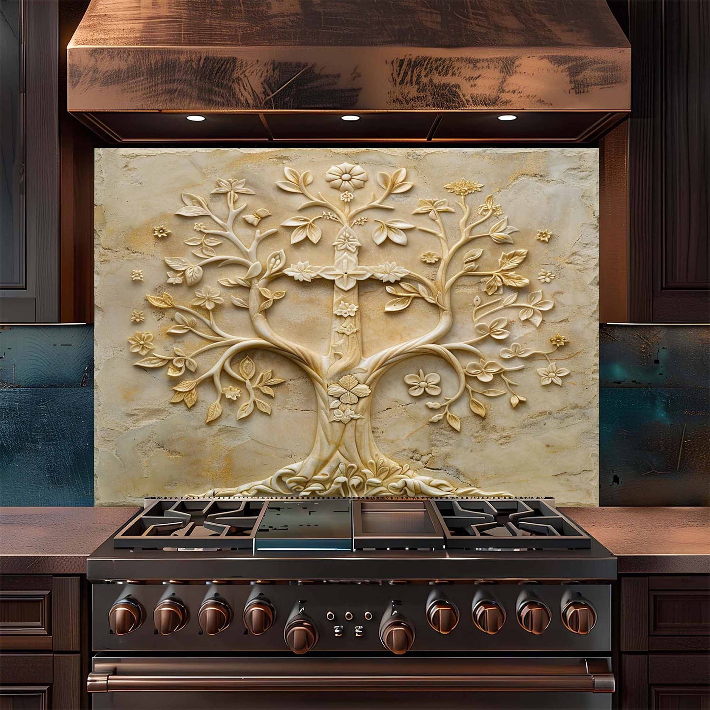 Stainless steel stove with decorative backsplash featuring a tree design in a kitchen setting