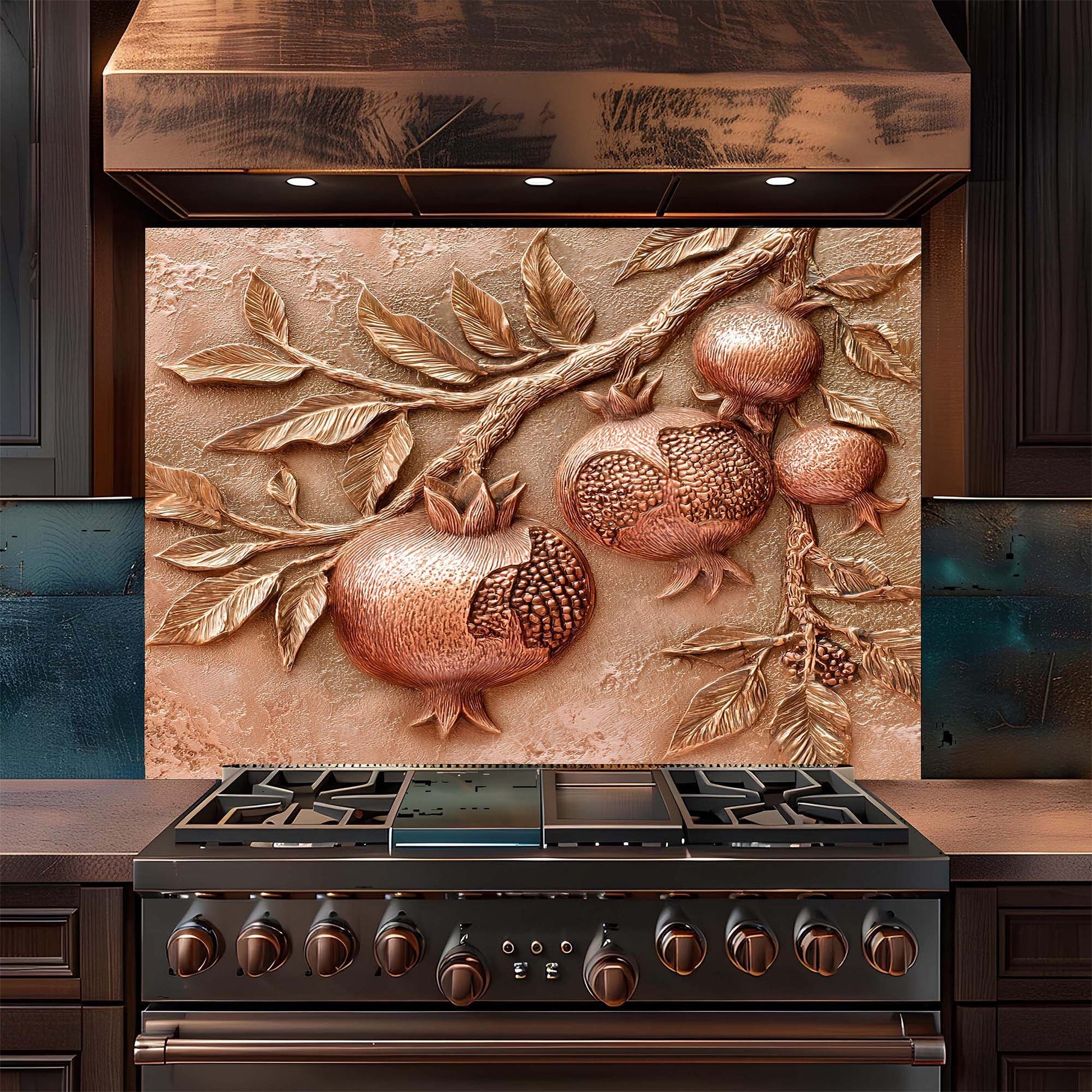 Stainless steel stove with decorative backsplash featuring pomegranates and leaves in a kitchen setting.