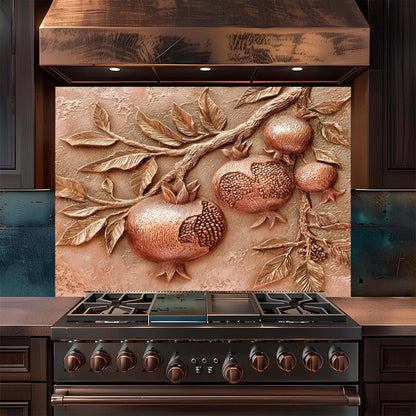 Stainless steel stove with decorative backsplash featuring pomegranates and leaves in a kitchen setting.