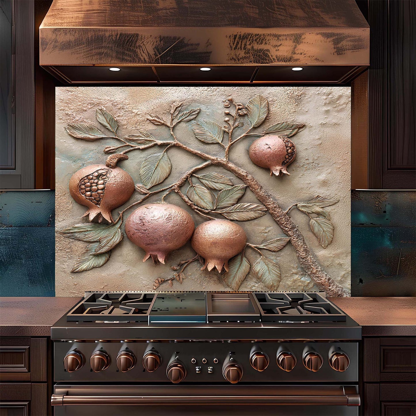 Stainless steel stove with decorative backsplash featuring pomegranate design in a kitchen setting.
