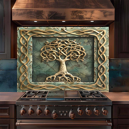 Decorative backsplash with tree design above a stove in a kitchen setting