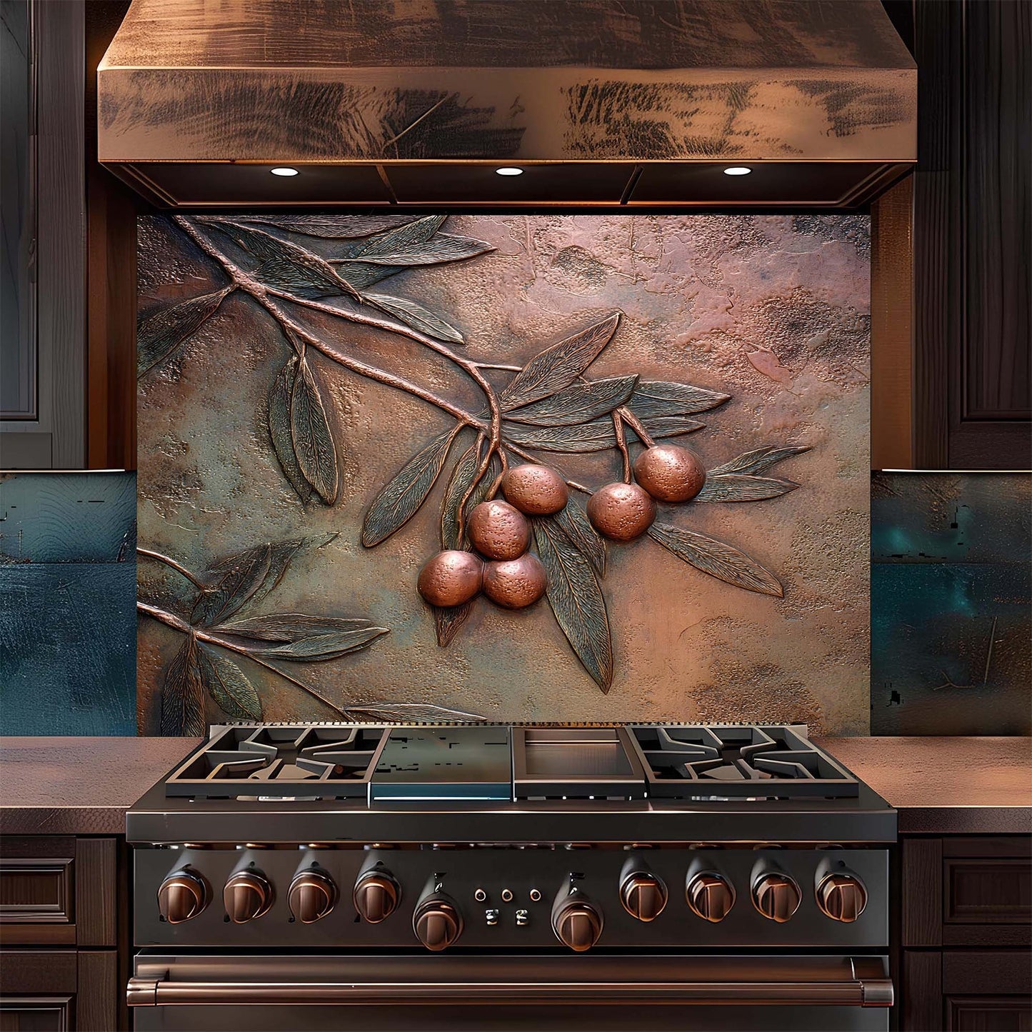 Stainless steel stove with decorative copper look glass backsplash featuring leaves and berries in a kitchen setting.