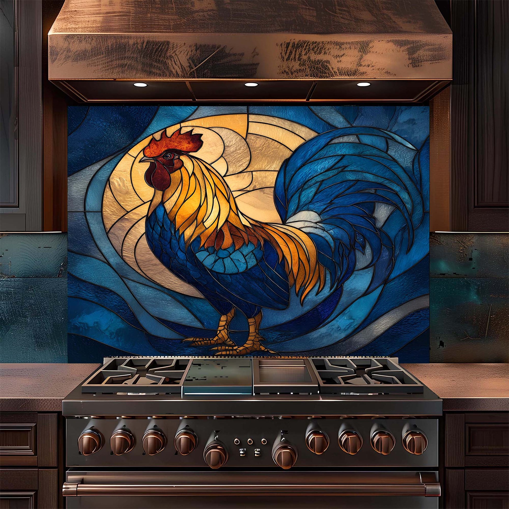 Stainless steel stove with a decorative glass backsplash featuring a rooster design in a kitchen setting.