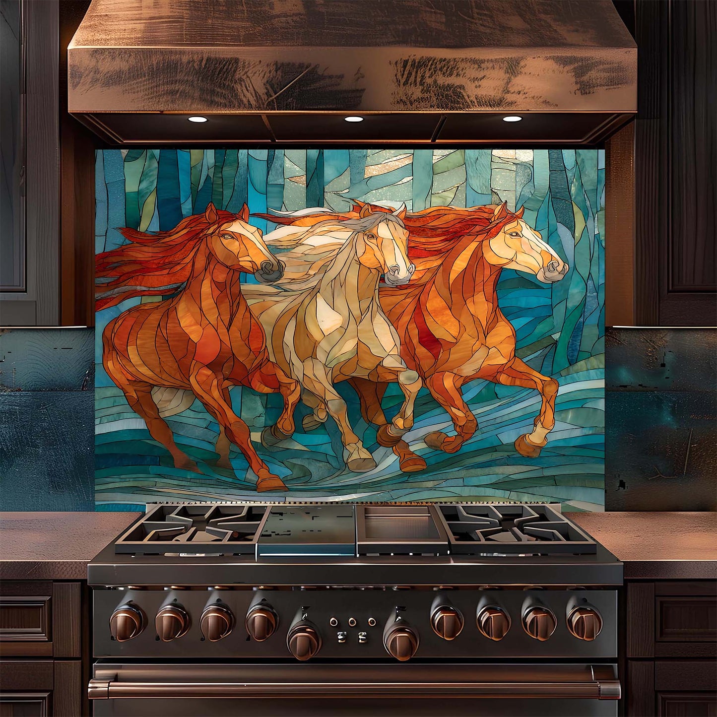 Three galloping horses in a stained glass forest design on tempered glass backsplash, adding motion, warmth, and artistic depth to kitchens.