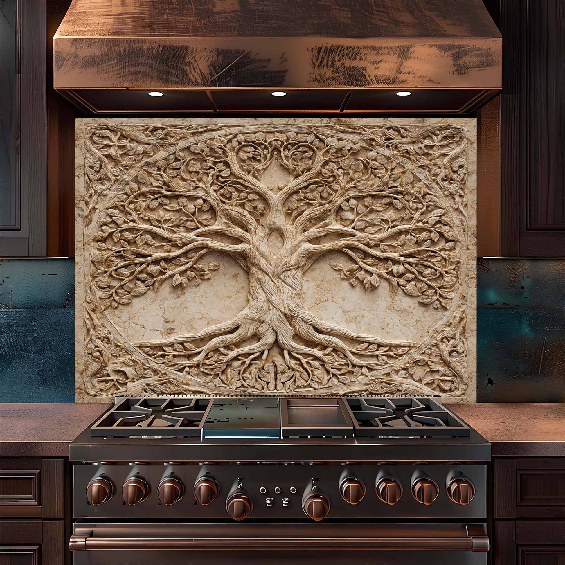 Stainless steel stove with decorative backsplash featuring tree design in a kitchen setting