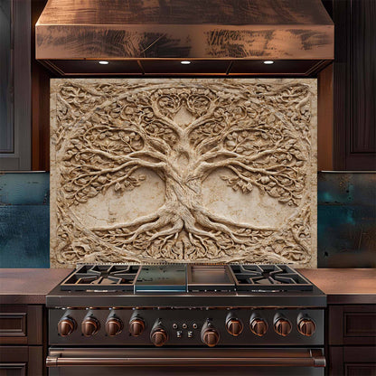 Stainless steel stove with decorative backsplash featuring tree design in a kitchen setting