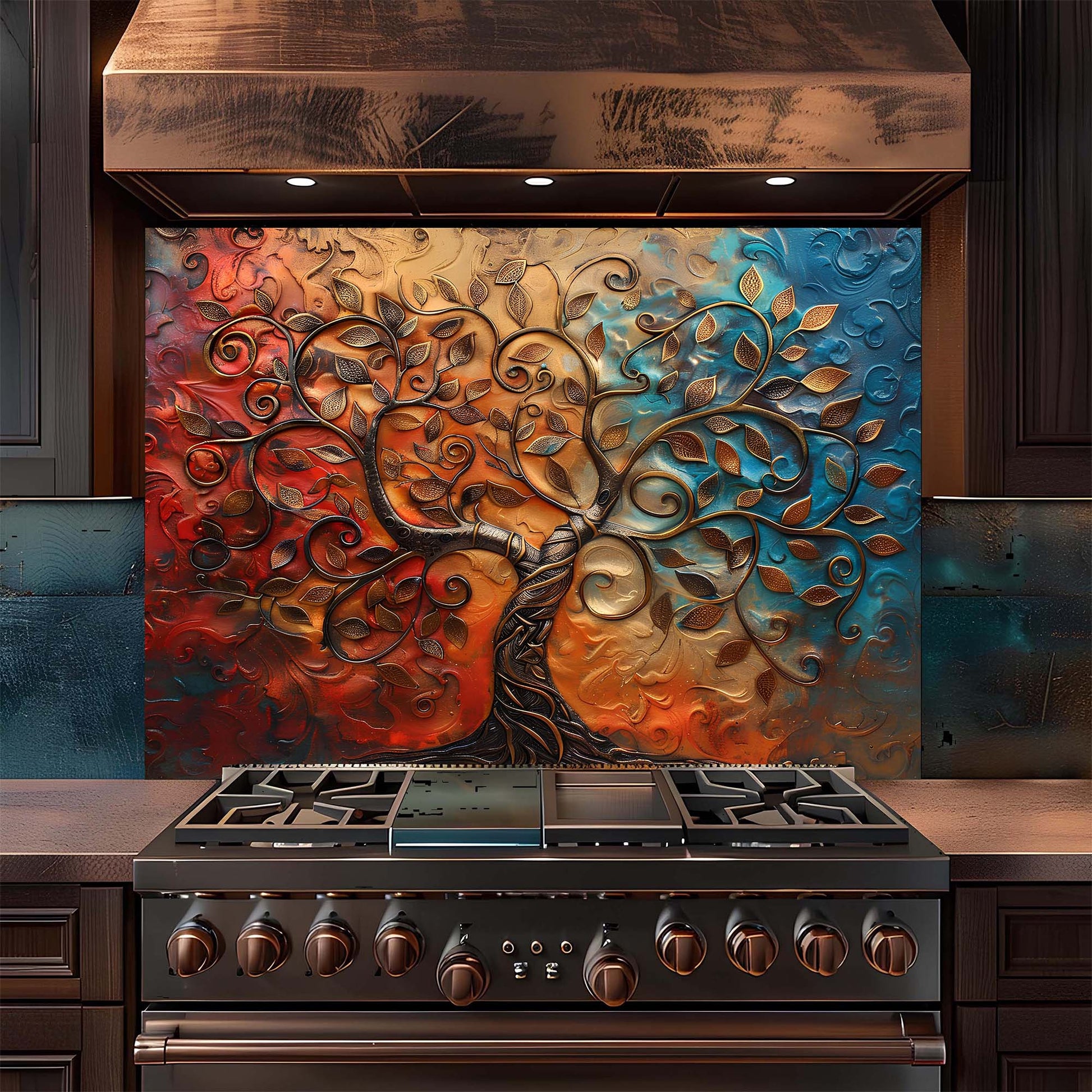 Stainless steel stove with a decorative tree of life backsplash in a kitchen setting