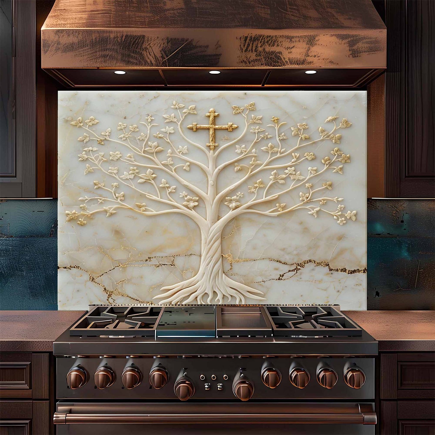 Stainless steel stove with decorative glass backsplash featuring a tree design.