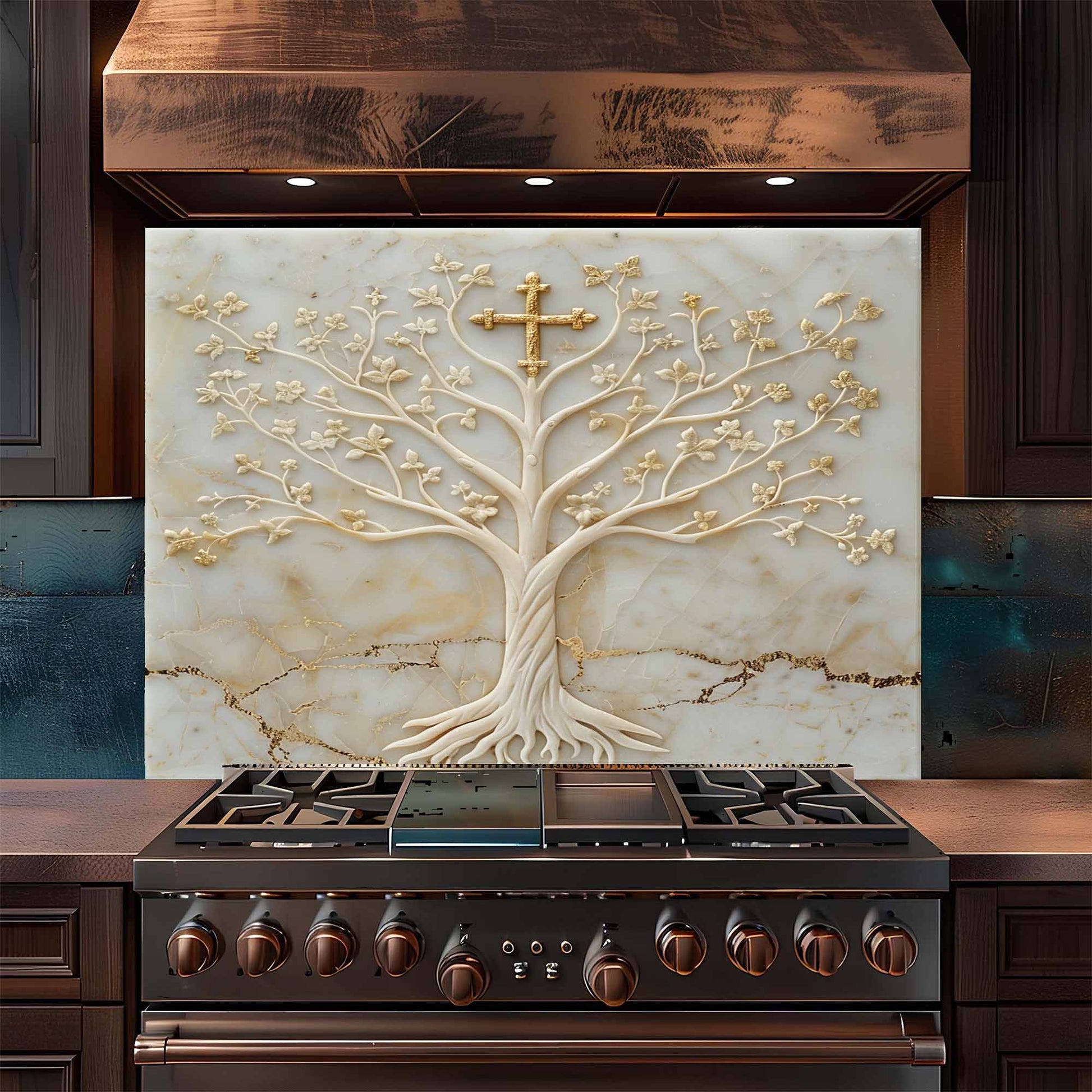 Stainless steel stove with decorative glass backsplash featuring a tree design.