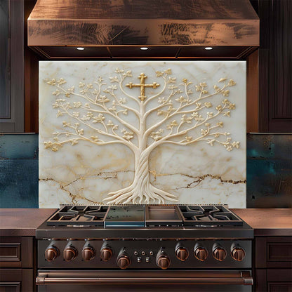 Stainless steel stove with decorative glass backsplash featuring a tree design.