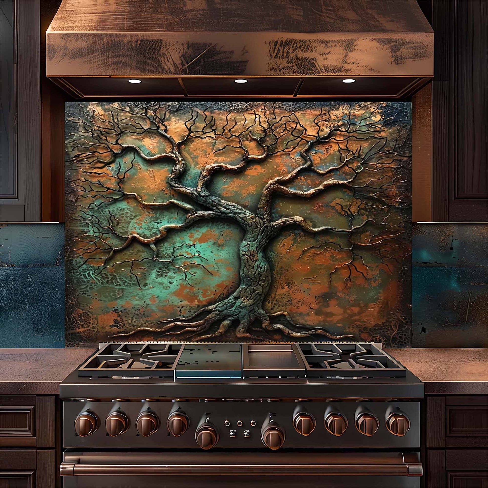Stainless steel stove with decorative tree backsplash in a kitchen setting