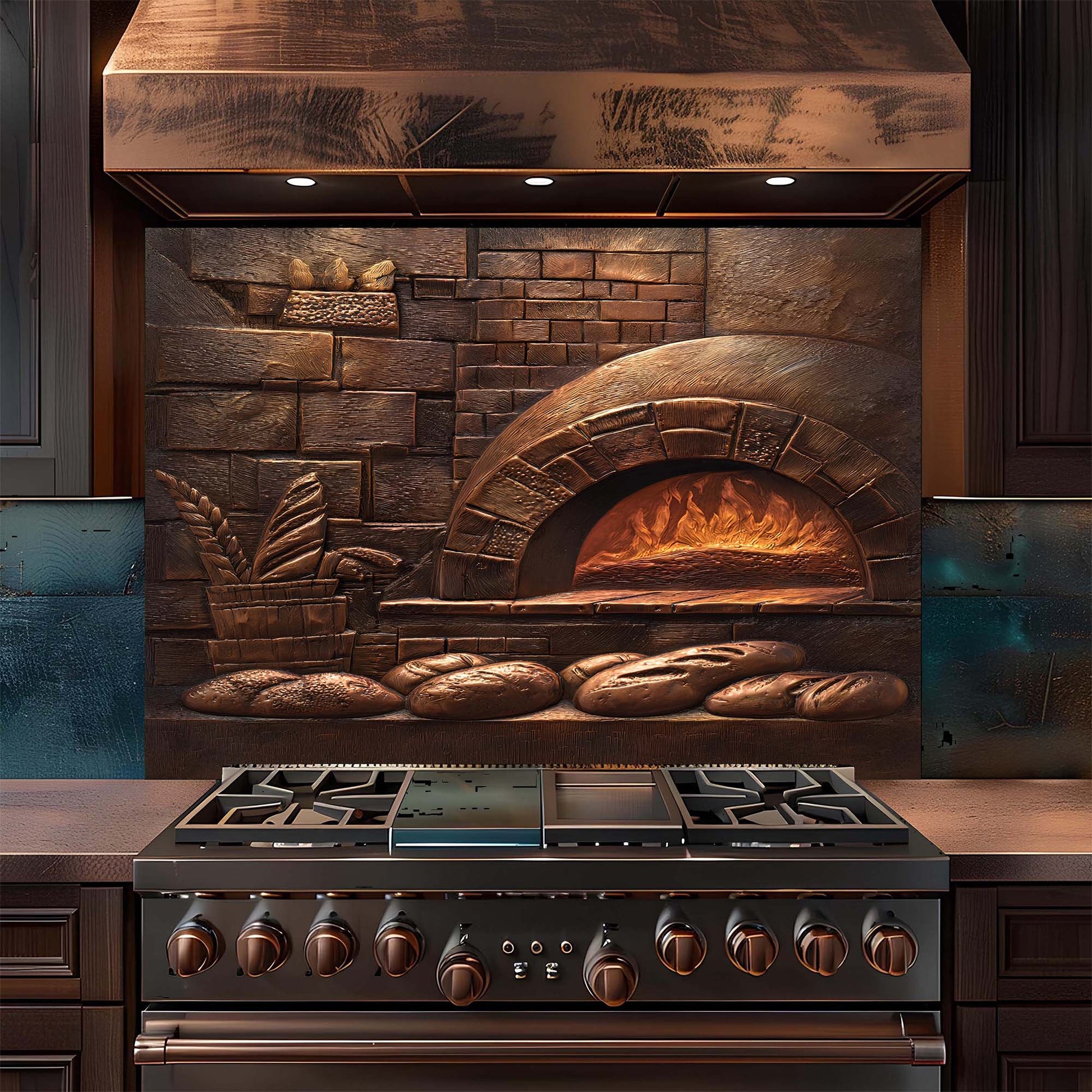 Stainless steel oven with brick oven and bread display glass backsplash in a kitchen setting