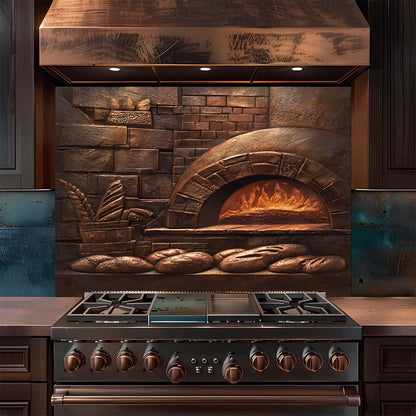 Stainless steel oven with brick oven and bread display glass backsplash in a kitchen setting