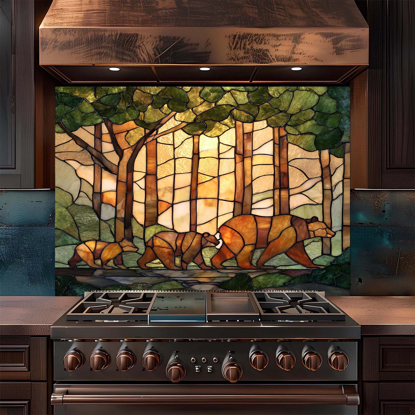 Stainless steel stove with stained glass backsplash featuring bears in a forest