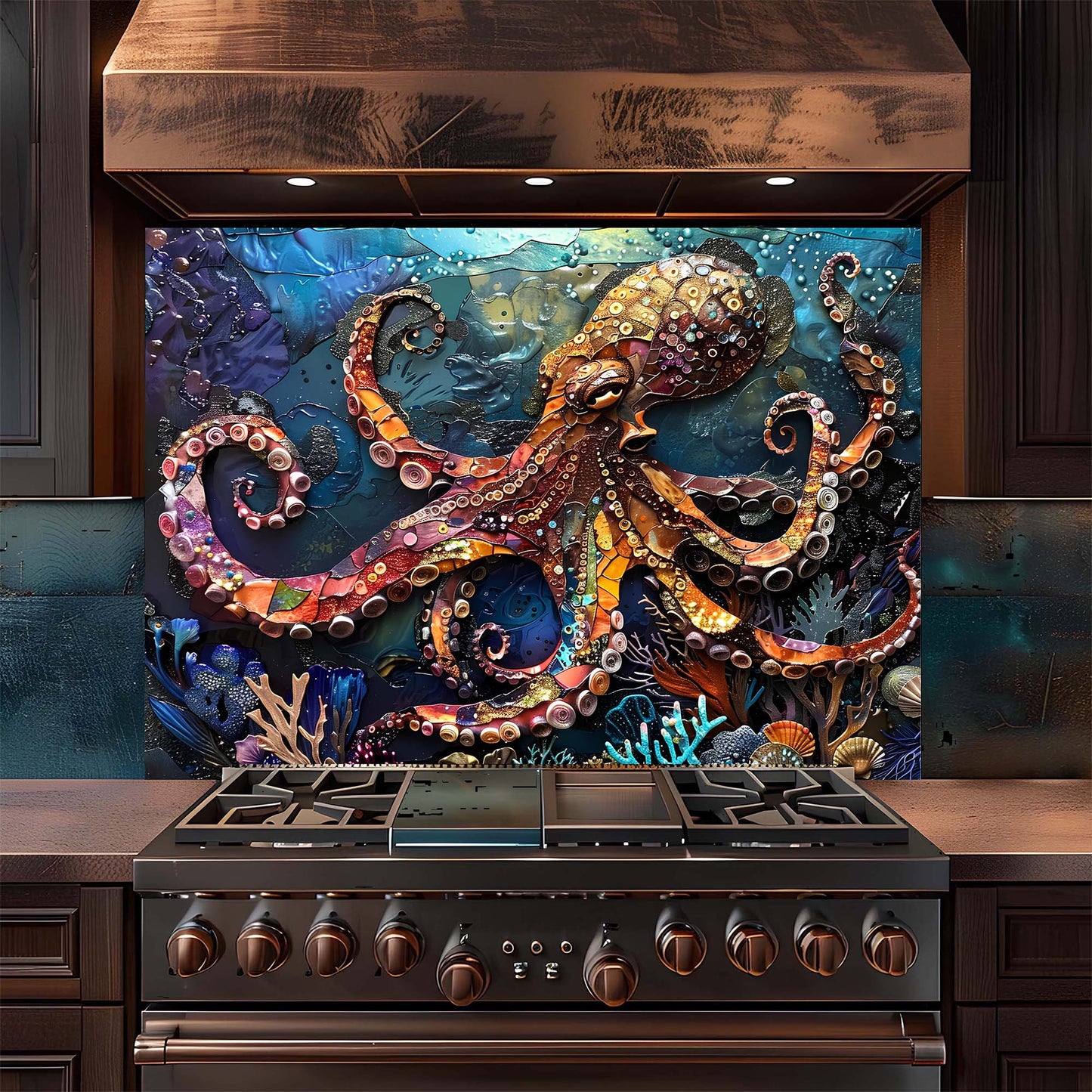 Stainless steel stove with a decorative backsplash featuring an octopus and underwater scene.