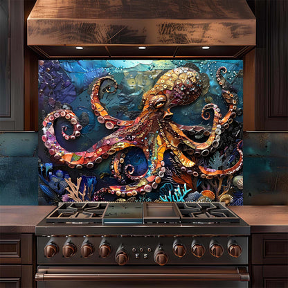 Stainless steel stove with a decorative backsplash featuring an octopus and underwater scene.