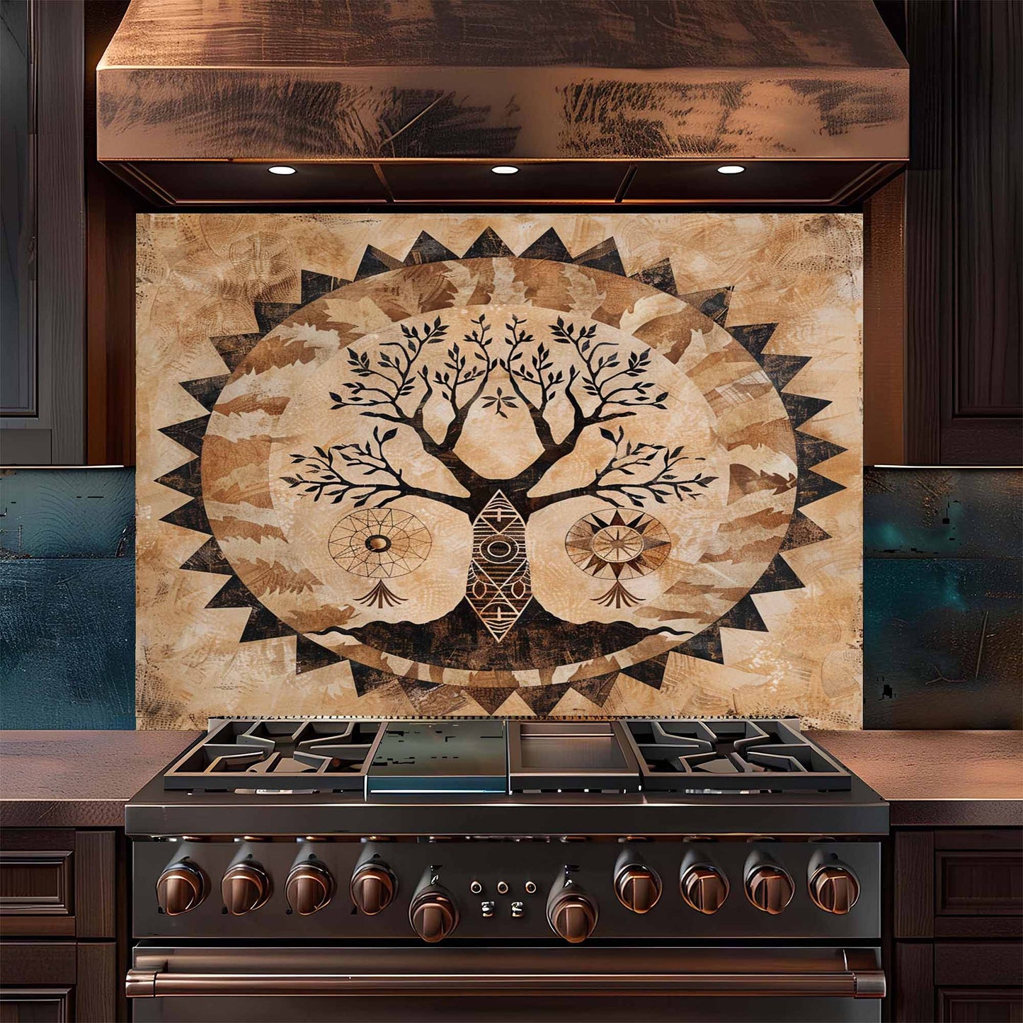 Stainless steel stove with decorative backsplash featuring a tree design in a kitchen setting.
