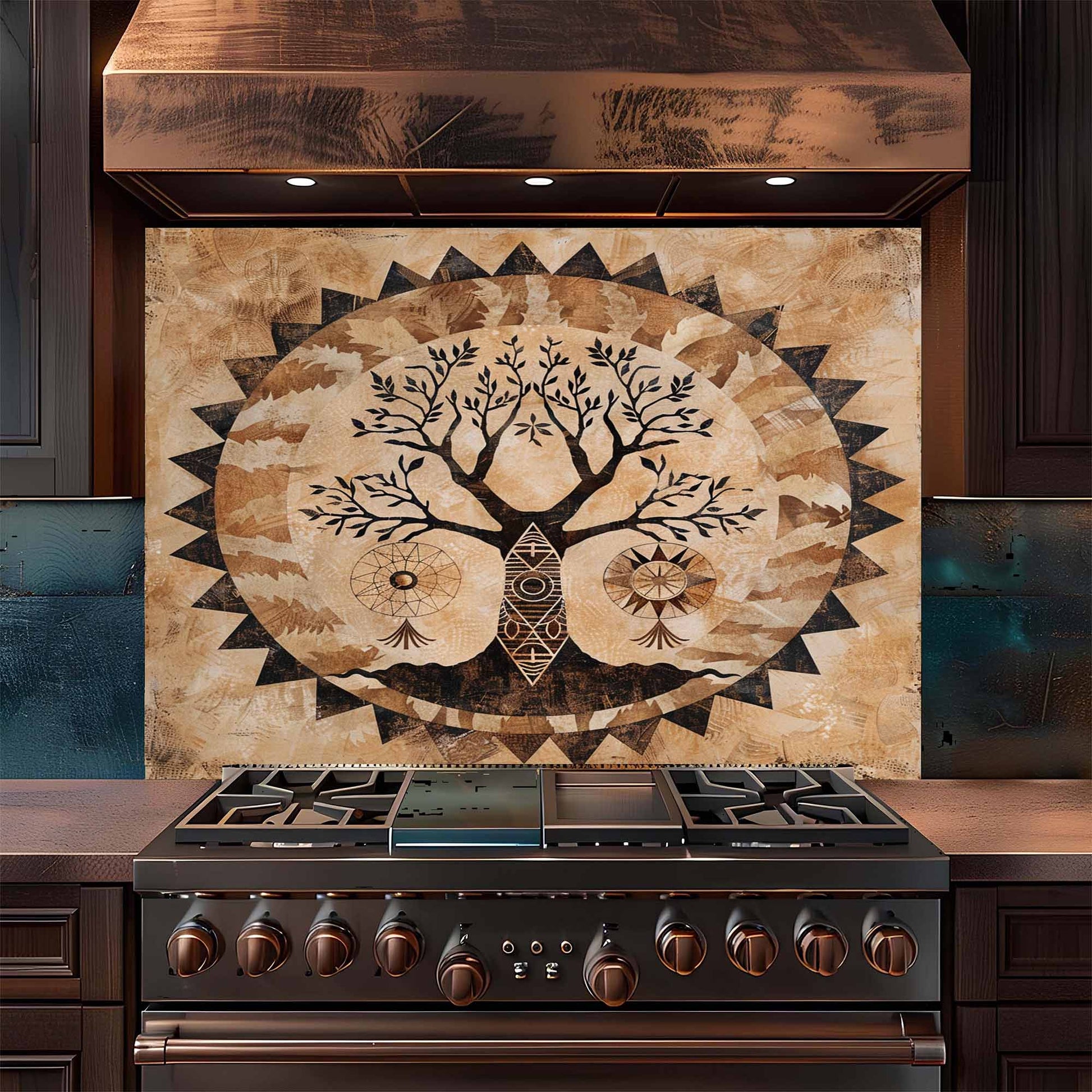 Stainless steel stove with decorative backsplash featuring a tree design in a kitchen setting.