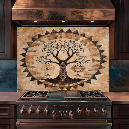 Stainless steel stove with decorative backsplash featuring a tree design in a kitchen setting.